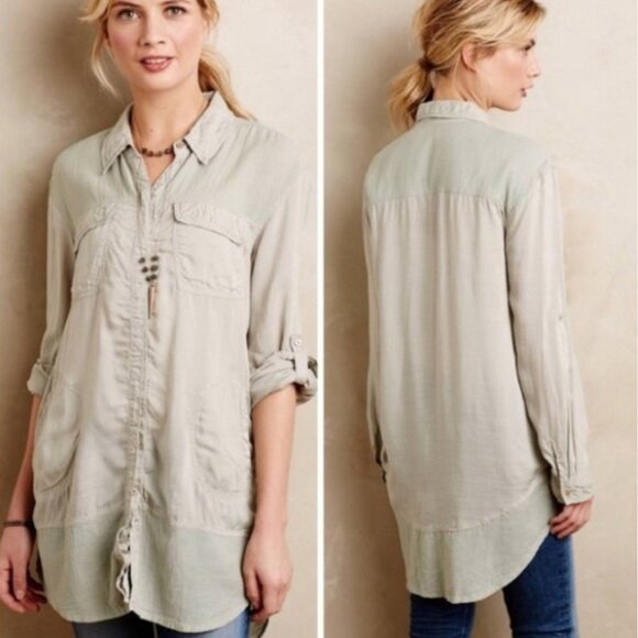 HOLDING HORSES ANTHROPOLOGIE Sunwashed Tunic Top Green Long Sleeve Button Down - Picture 1 of 11